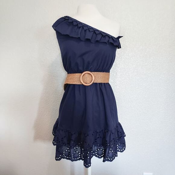 Nine West Dresses & Skirts - Nine West Blue One Shoulder Lace Hem Dress w/Belt Size 10P